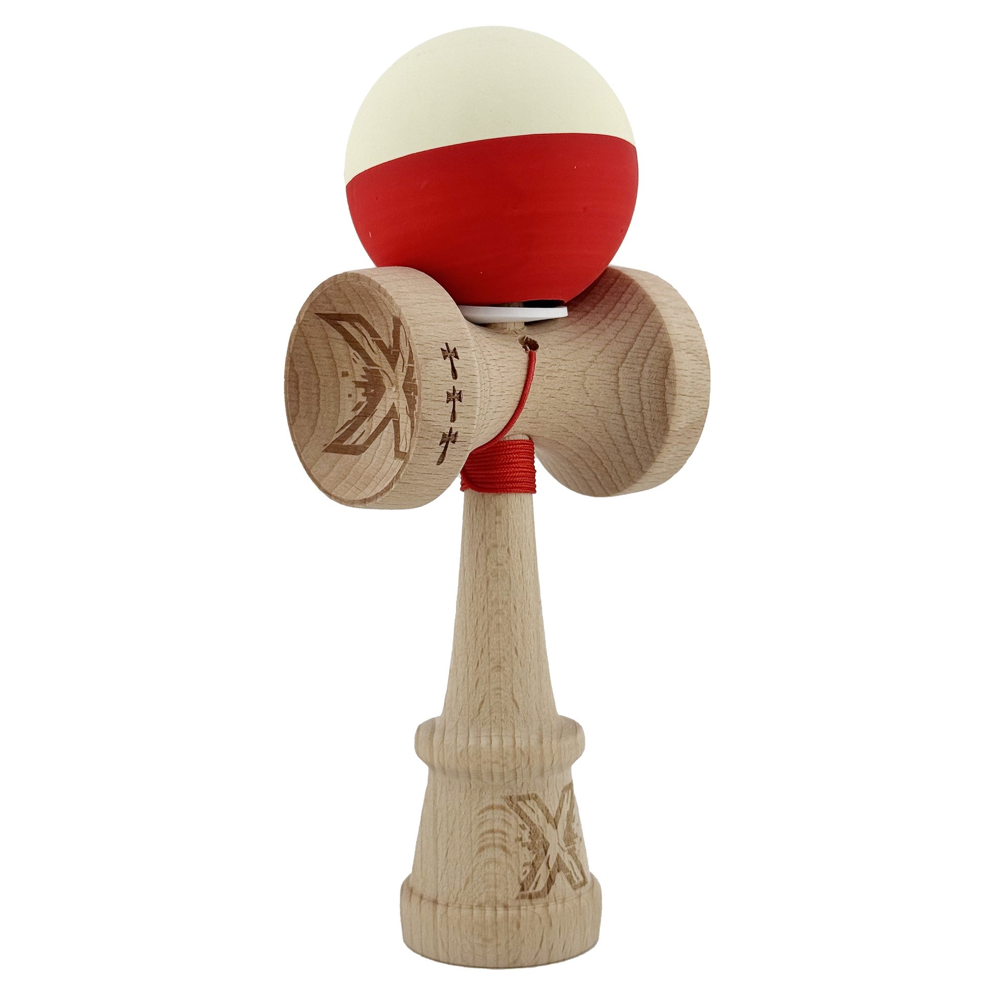 Kendama X Originala, Profesionala, Klevo, Rubber Grip, Cupe Mari KING SIZE V3, Gaura in Baza, Rulment Metalic, din lemn 18 cm, Ata 62/65 cm, Bicolor Galben/Rosu