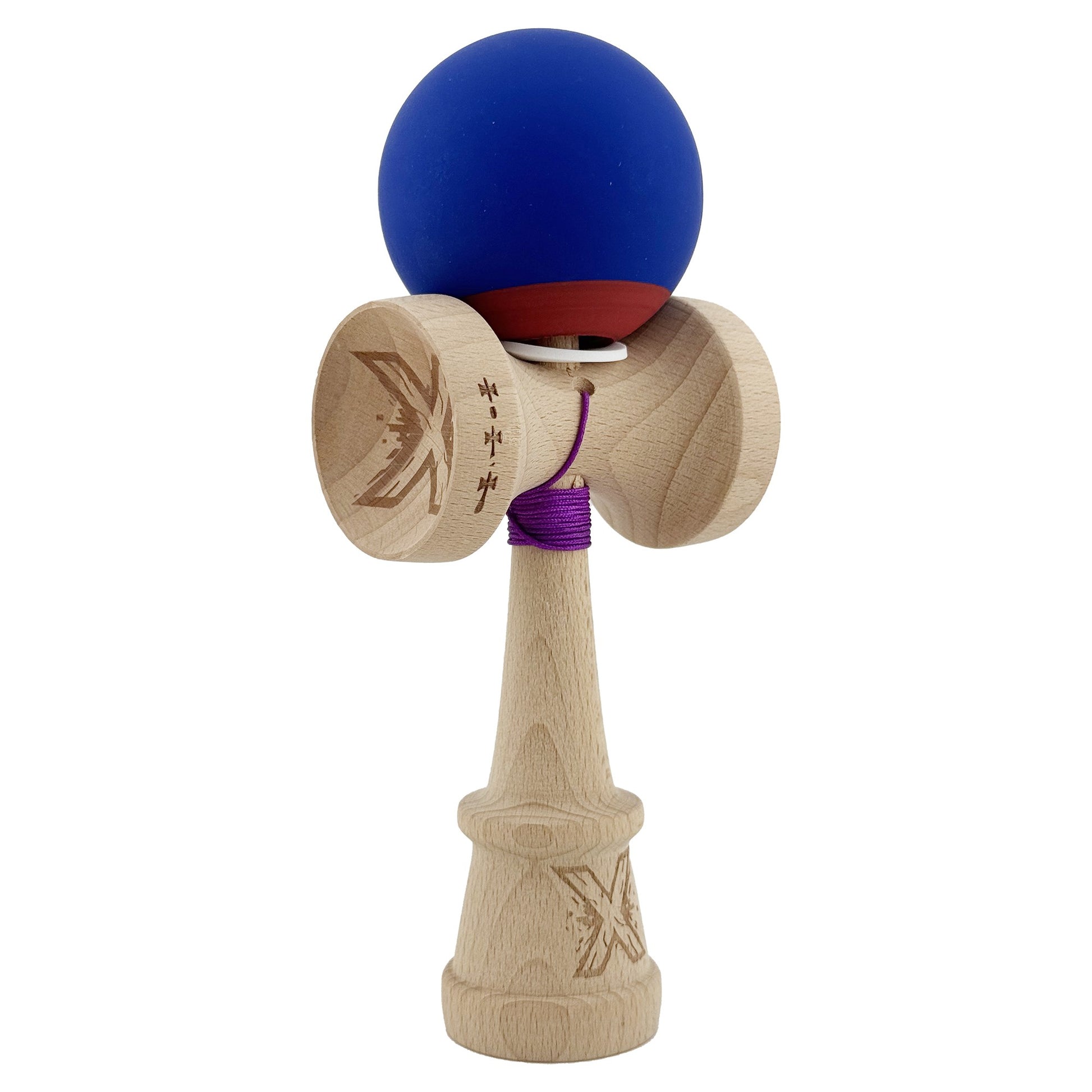 Kendama X Originala, Profesionala, Klevo, Rubber Grip, Cupe Mari KING SIZE V3, Gaura in Baza, Rulment Metalic, din lemn 18 cm, Ata 62/65 cm, Bicolor Albastru inchis/Rosu