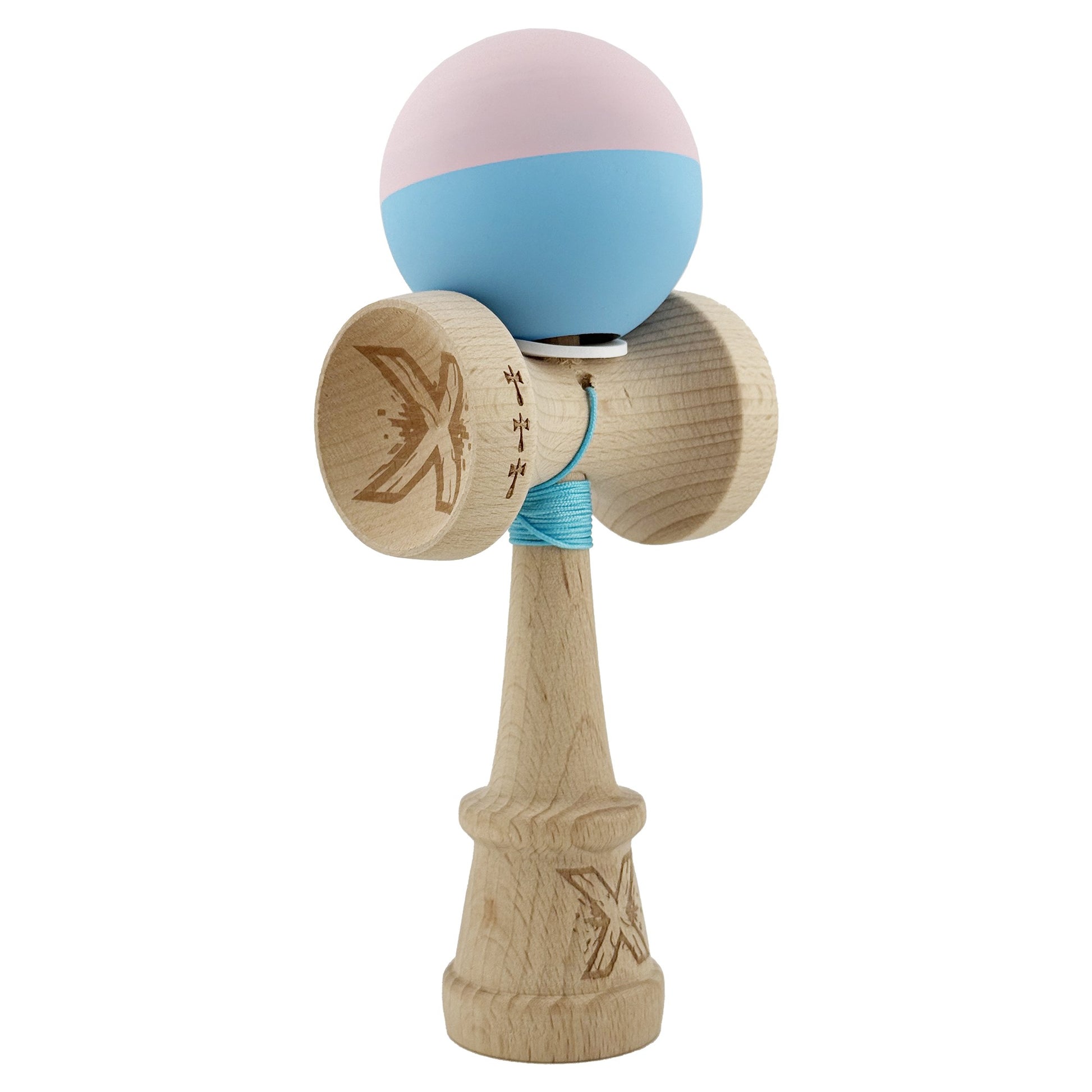 Kendama X Originala, Profesionala, Klevo, Rubber Grip, Cupe Mari KING SIZE V3, Gaura in Baza, Rulment Metalic, din lemn 18 cm, Ata 62/65 cm, Bicolor Roz/Bleu