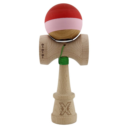Kendama X Originala, Profesionala, Klevo, Rubber Grip, Cupe Mari KING SIZE V3, Gaura in Baza, Rulment Metalic, din lemn 18 cm, Ata 62/65 cm, Special Rosu/Roz/Maro