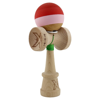 Kendama X Originala, Profesionala, Klevo, Rubber Grip, Cupe Mari KING SIZE V3, Gaura in Baza, Rulment Metalic, din lemn 18 cm, Ata 62/65 cm, Special Rosu/Roz/Maro