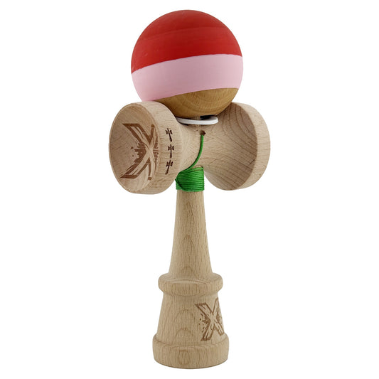 Kendama X Originala, Profesionala, Klevo, Rubber Grip, Cupe Mari KING SIZE V3, Gaura in Baza, Rulment Metalic, din lemn 18 cm, Ata 62/65 cm, Special Rosu/Roz/Maro