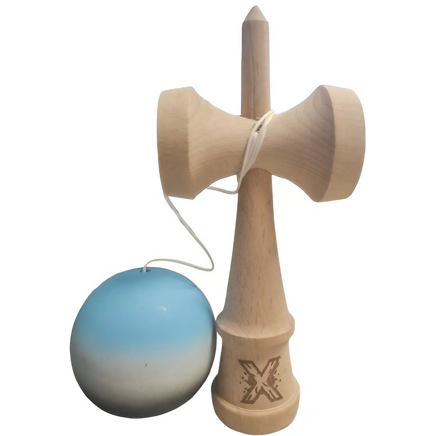 Kendama X Originala, Profesionala, Klevo, Rubber Grip, din Lemn, 18 cm, Albastru/Alb/Negru