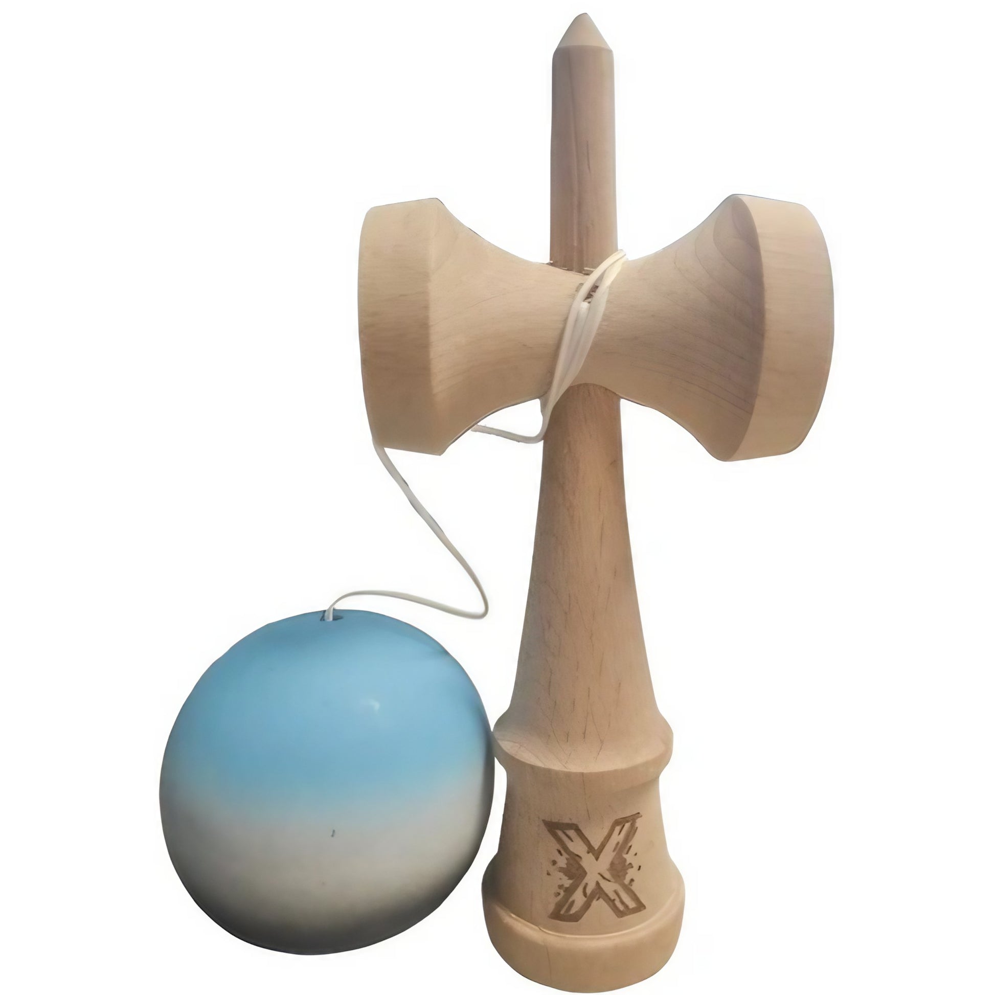 Kendama X Originala, Profesionala, Klevo, Rubber Grip, din Lemn, 18 cm, Albastru/Alb/Negru
