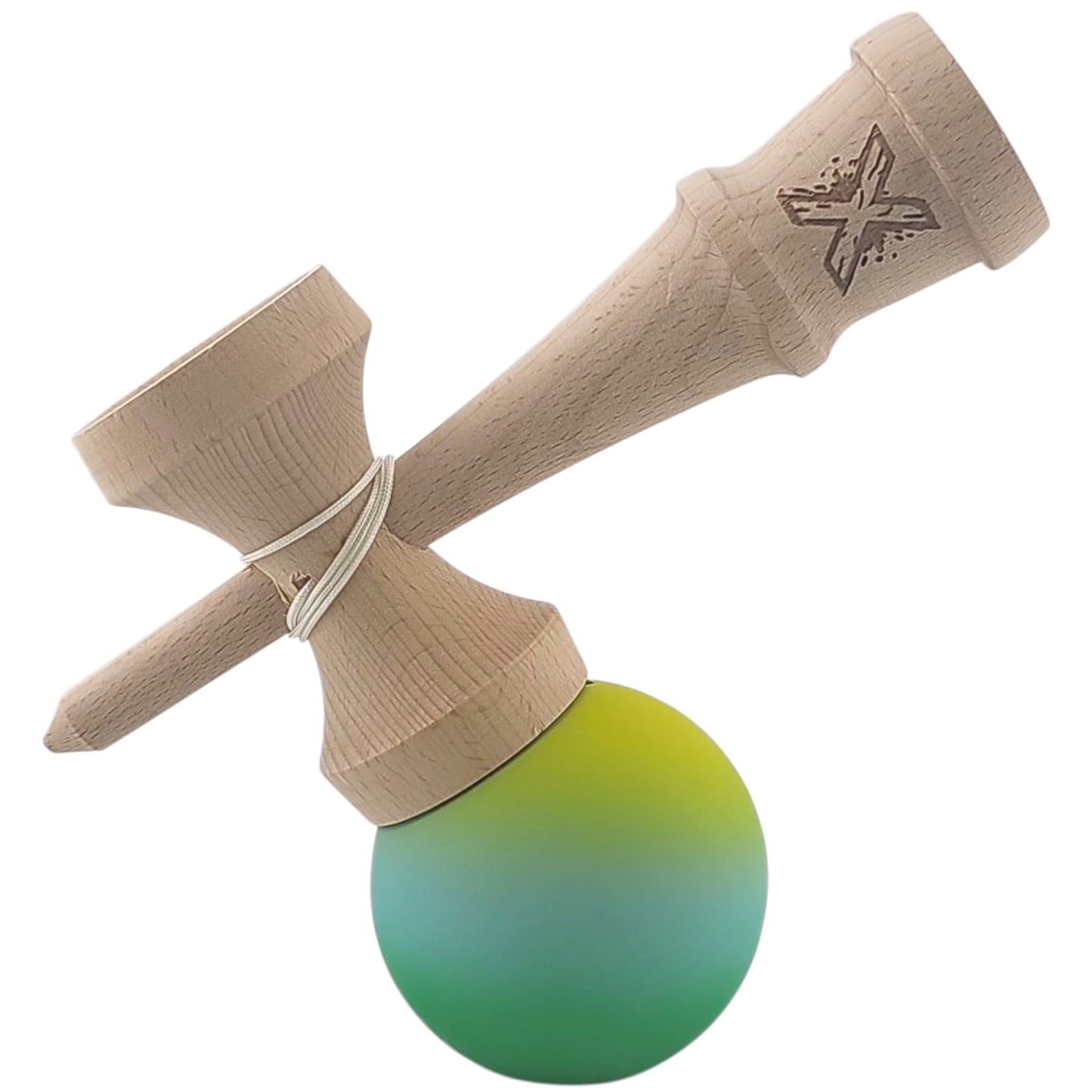 Kendama X Originala, Profesionala, Klevo, Rubber Grip, din Lemn, 18 cm, Galben/Albastru/Verde