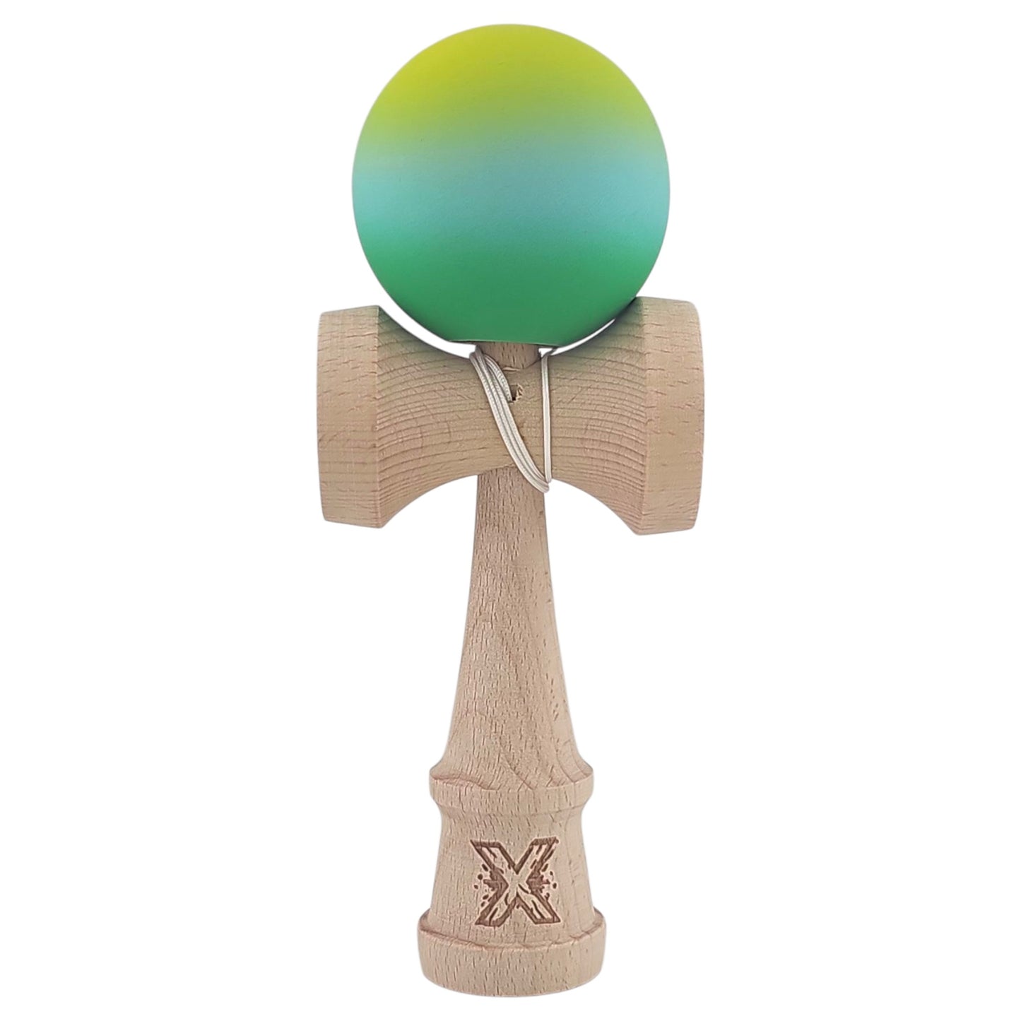 Kendama X Originala, Profesionala, Klevo, Rubber Grip, din Lemn, 18 cm, Galben/Albastru/Verde