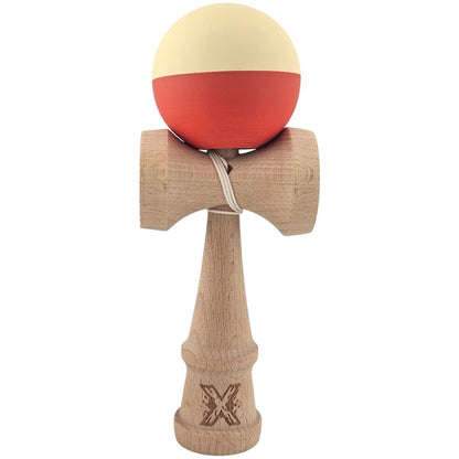 Kendama X Originala, Profesionala, Klevo, Rubber Grip, din Lemn, 18 cm, Galben deschis/Rosu