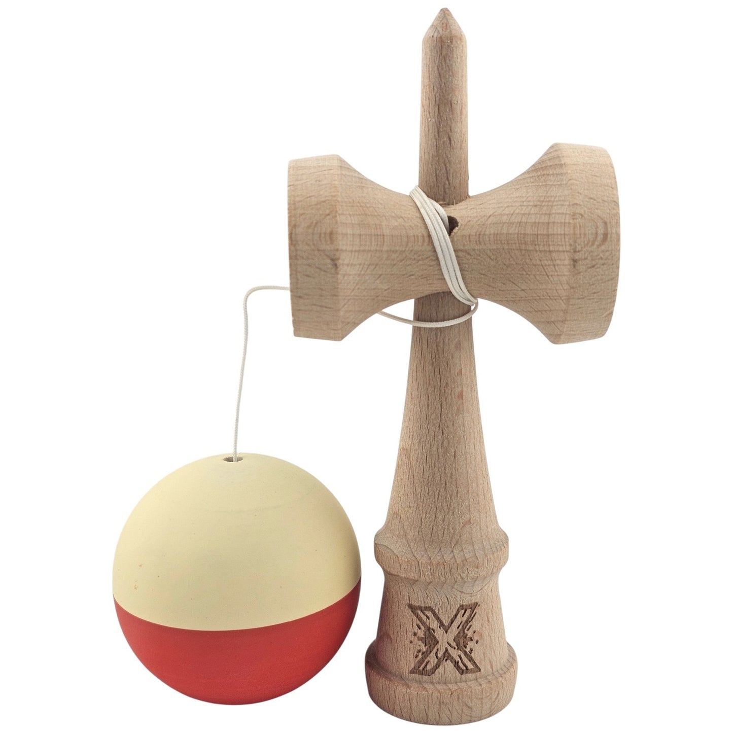 Kendama X Originala, Profesionala, Klevo, Rubber Grip, din Lemn, 18 cm, Galben deschis/Rosu