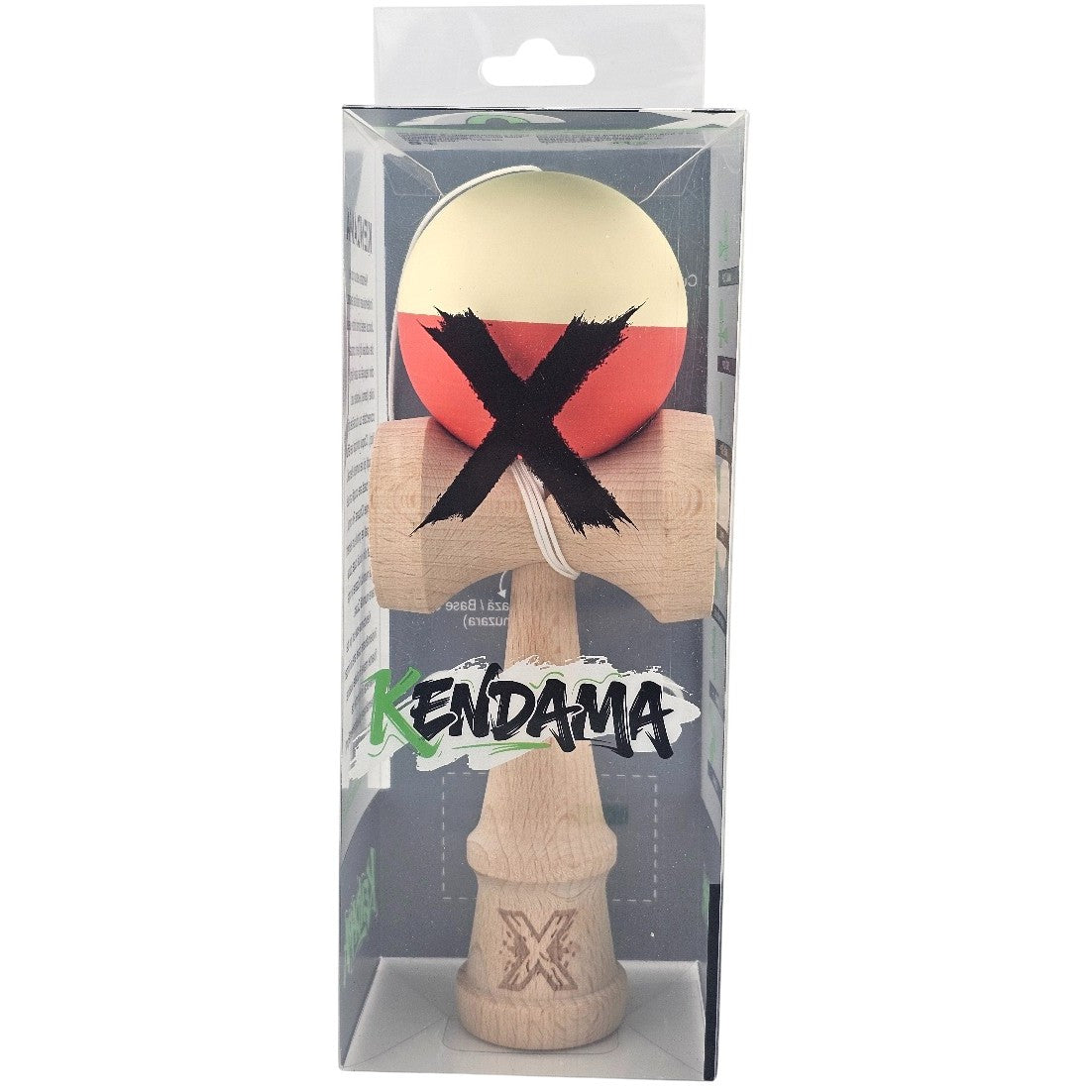 Kendama X Originala, Profesionala, Klevo, Rubber Grip, din Lemn, 18 cm, Galben deschis/Rosu