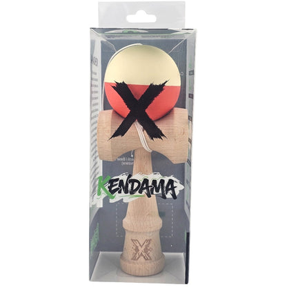 Kendama X Originala, Profesionala, Klevo, Rubber Grip, din Lemn, 18 cm, Galben deschis/Rosu
