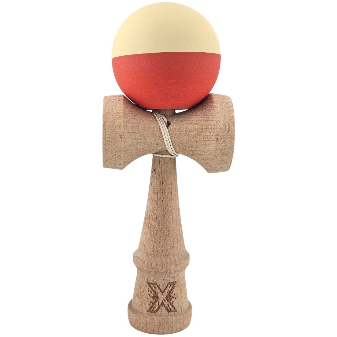 Kendama X Originala, Profesionala, Klevo, Rubber Grip, din Lemn, 18 cm, Galben deschis/Rosu