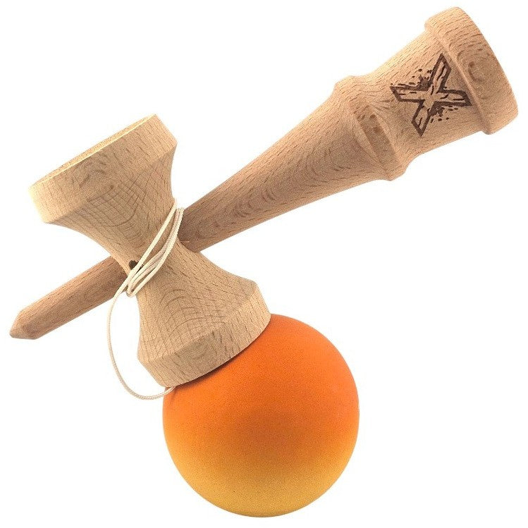 Kendama X Originala, Profesionala, Klevo, Rubber Grip, din Lemn, 18 cm, Portocaliu/Galben