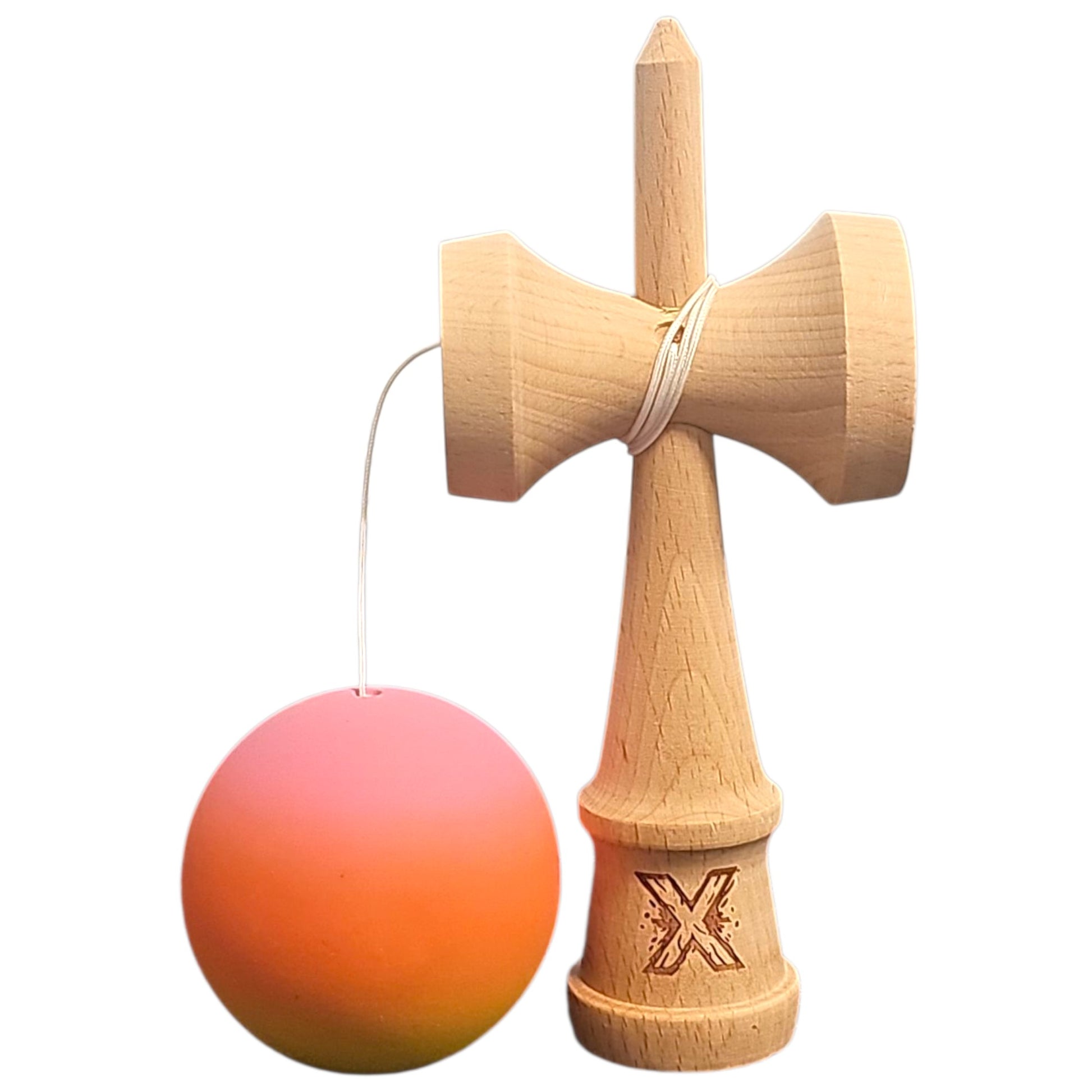 Kendama X Originala, Profesionala, Klevo, Rubber Grip, din Lemn, 18 cm, Roz/Portocaliu/Galben