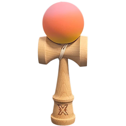 Kendama X Originala, Profesionala, Klevo, Rubber Grip, din Lemn, 18 cm, Roz/Portocaliu/Galben