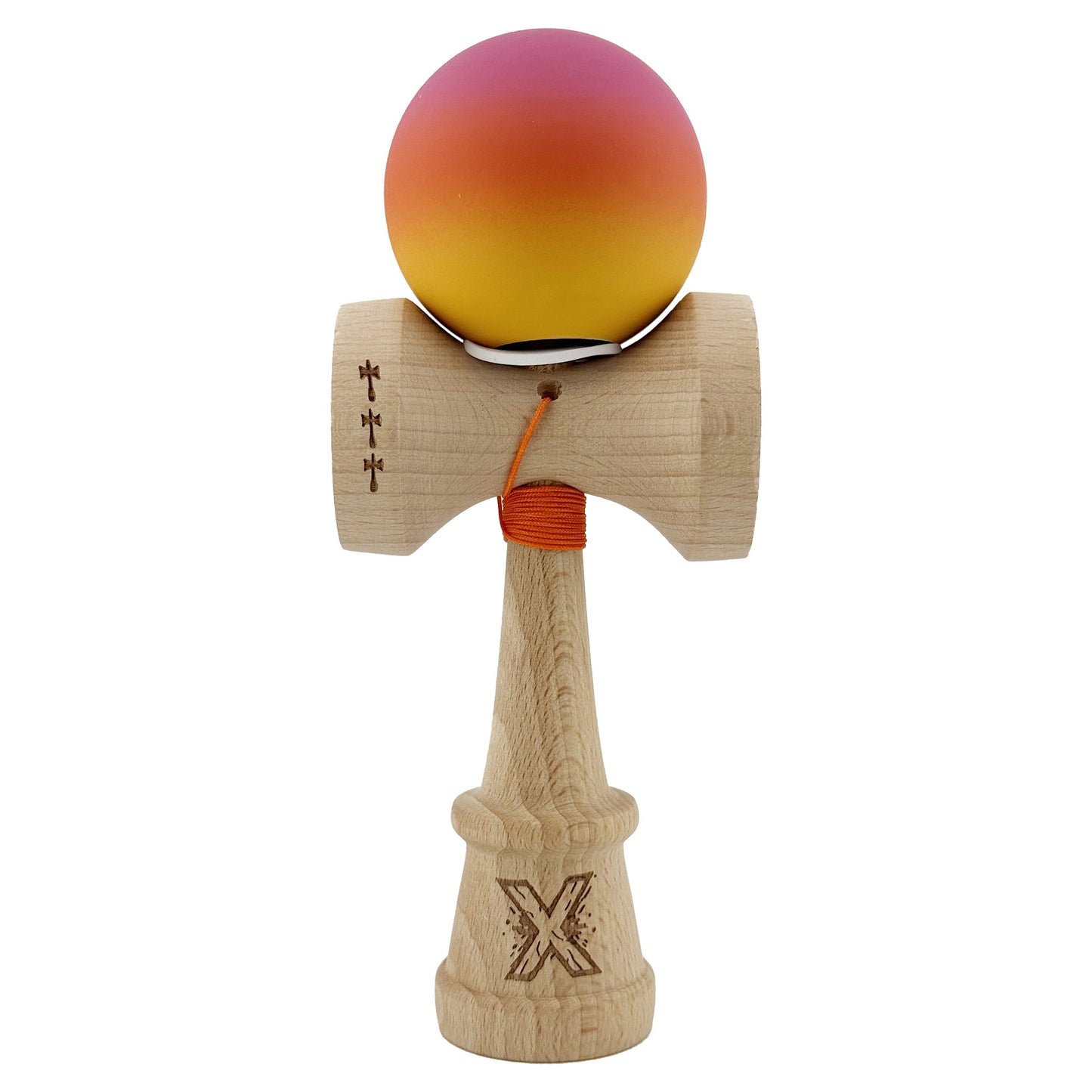 Kendama X Originala, Profesionala, Klevo, Rubber Grip, Cupe Mari KING SIZE V3, Gaura in Baza, Rulment Metalic, din lemn 18 cm, Ata 62/65 cm, Roz/Portocaliu/Galben