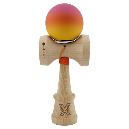 Kendama X Originala, Profesionala, Klevo, Rubber Grip, Cupe Mari KING SIZE V3, Gaura in Baza, Rulment Metalic, din lemn 18 cm, Ata 62/65 cm, Roz/Portocaliu/Galben