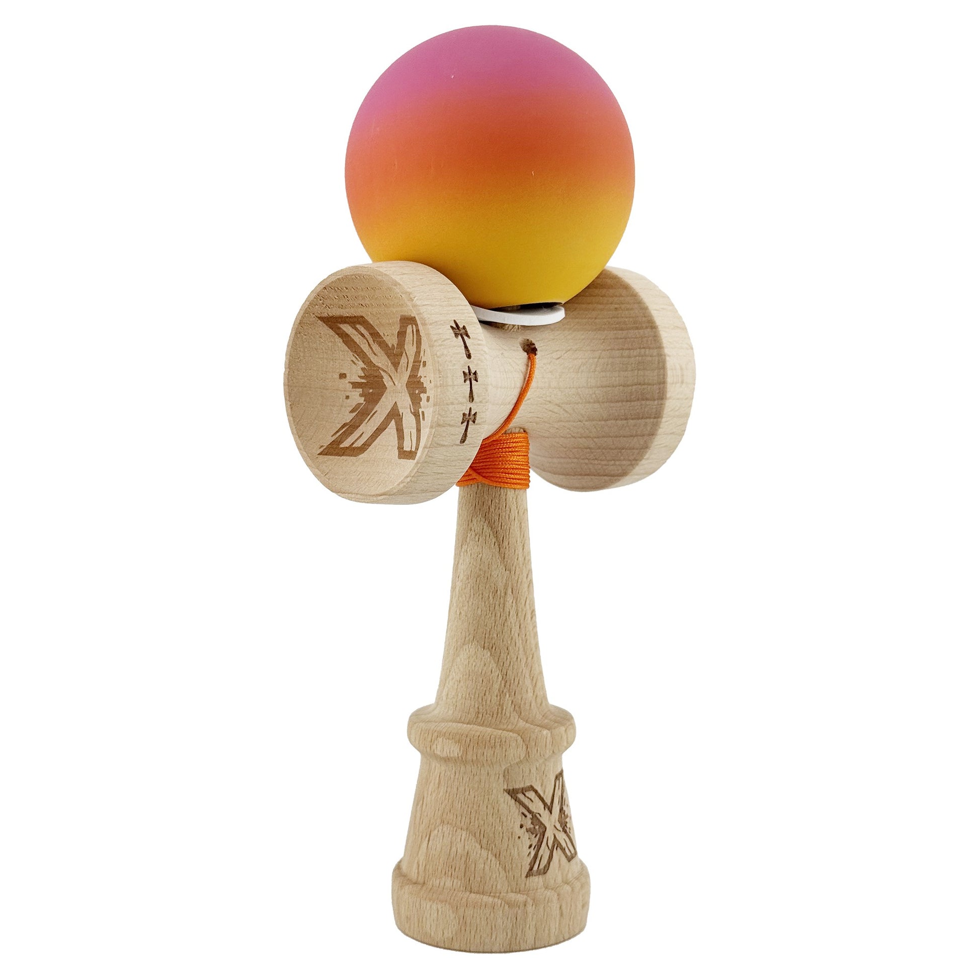Kendama X Originala, Profesionala, Klevo, Rubber Grip, Cupe Mari KING SIZE V3, Gaura in Baza, Rulment Metalic, din lemn 18 cm, Ata 62/65 cm, Roz/Portocaliu/Galben