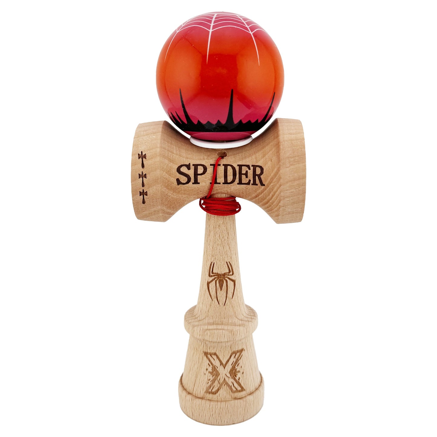 Kendama X Originala, Profesionala, Klevo, SPIDER KING, Super Sticky cu Cupe Mari KING SIZE V3, Gaura in Baza, Rulment Metalic, din lemn 18 cm, Ata 62/65 cm, Rosu/Maro