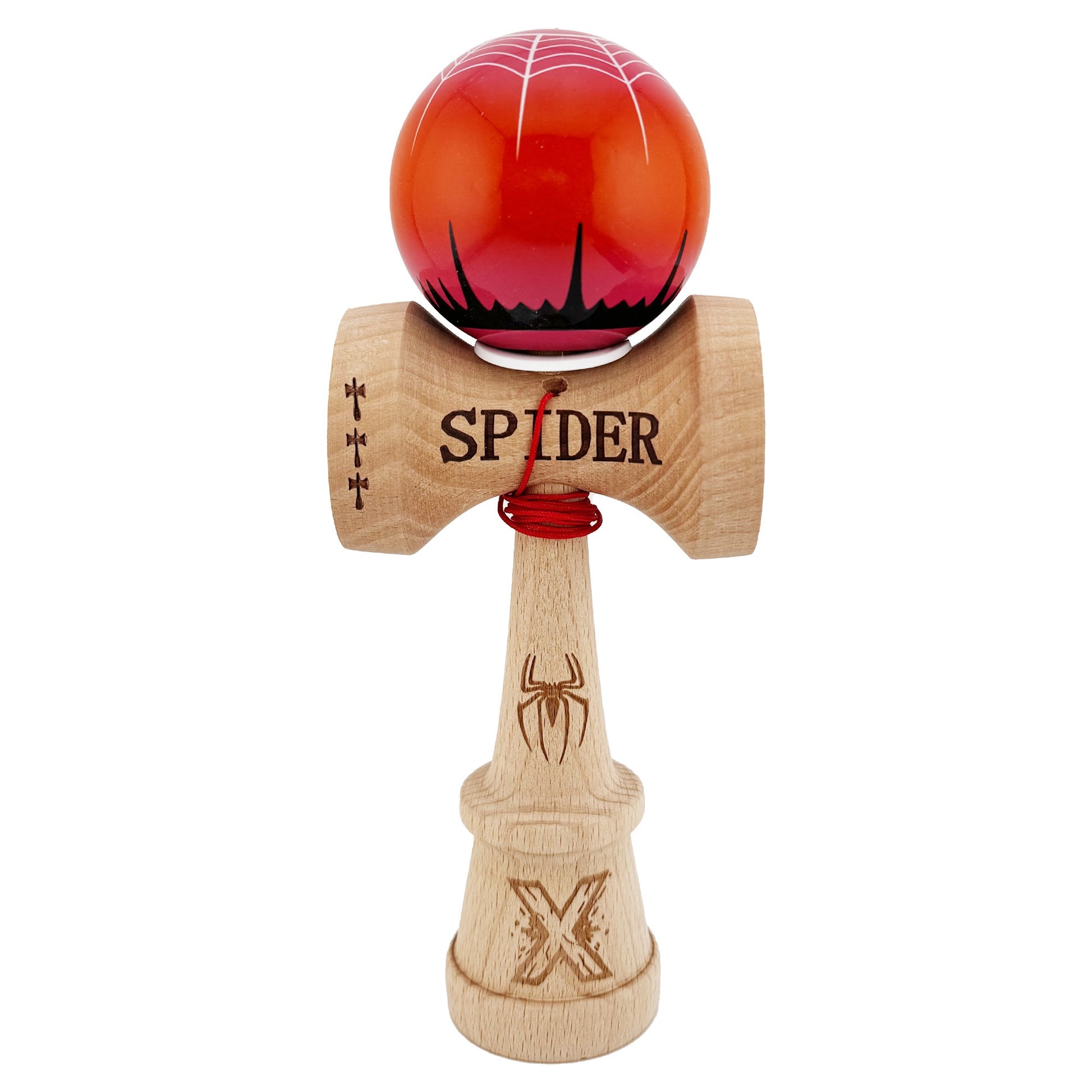 Kendama X Originala, Profesionala, Klevo, SPIDER KING, Super Sticky cu Cupe Mari KING SIZE V3, Gaura in Baza, Rulment Metalic, din lemn 18 cm, Ata 62/65 cm, Rosu/Maro
