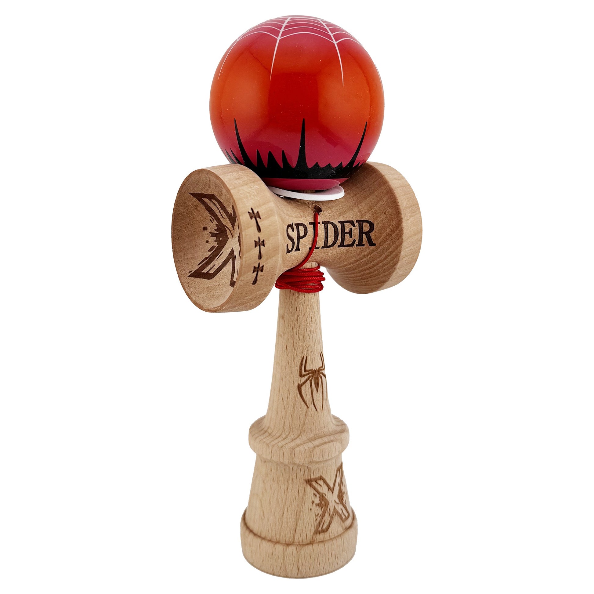 Kendama X Originala, Profesionala, Klevo, SPIDER KING, Super Sticky cu Cupe Mari KING SIZE V3, Gaura in Baza, Rulment Metalic, din lemn 18 cm, Ata 62/65 cm, Rosu/Maro