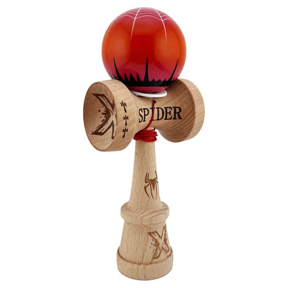 Kendama X Originala, Profesionala, Klevo, SPIDER KING, Super Sticky cu Cupe Mari KING SIZE V3, Gaura in Baza, Rulment Metalic, din lemn 18 cm, Ata 62/65 cm, Rosu/Maro