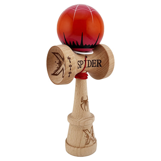 Kendama X Originala, Profesionala, Klevo, SPIDER KING, Super Sticky cu Cupe Mari KING SIZE V3, Gaura in Baza, Rulment Metalic, din lemn 18 cm, Ata 62/65 cm, Rosu/Maro