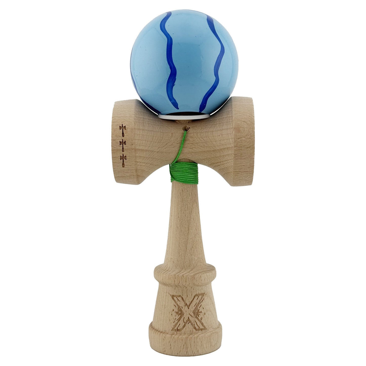Kendama X Originala, Profesionala, Klevo, Super Sticky cu Cupe Mari KING SIZE V3, Gaura in Baza, Rulment Metalic, din lemn 18 cm, Ata 62/65 cm, Special Albastru deschis