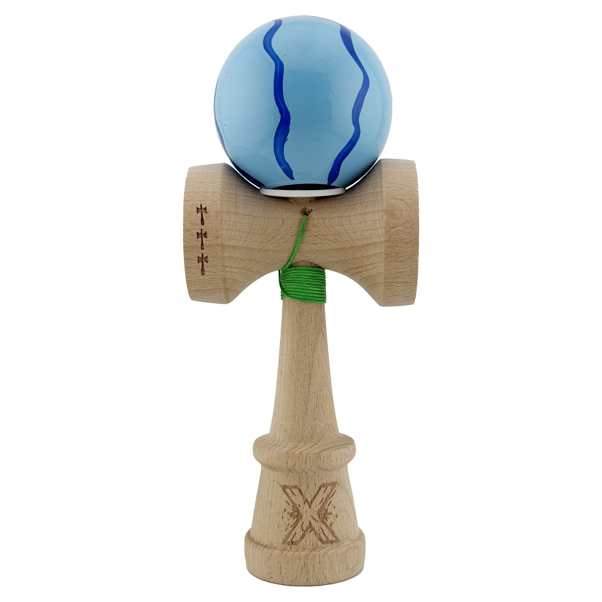 Kendama X Originala, Profesionala, Klevo, Super Sticky cu Cupe Mari KING SIZE V3, Gaura in Baza, Rulment Metalic, din lemn 18 cm, Ata 62/65 cm, Special Albastru deschis