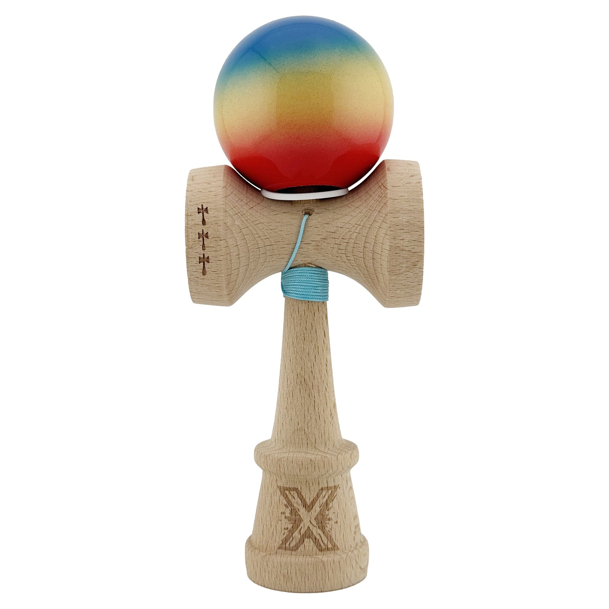 Kendama X Originala, Profesionala, Klevo, Super Sticky cu Cupe Mari KING SIZE V3, Gaura in Baza, Rulment Metalic, din lemn 18 cm, Ata 62/65 cm, Gradient Albastru/Galben/Rosu