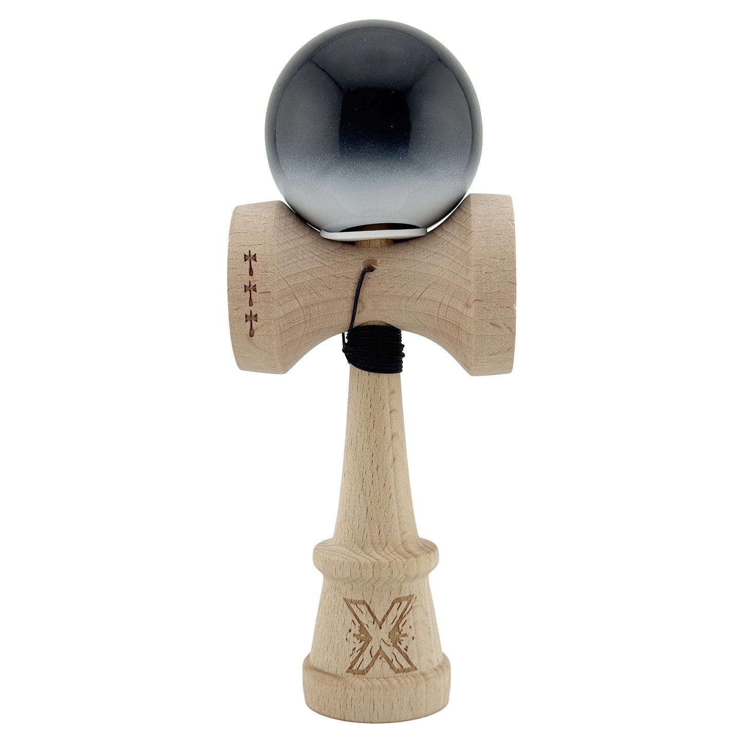 Kendama X Originala, Profesionala, Klevo, Super Sticky cu Cupe Mari KING SIZE V3, Gaura in Baza, Rulment Metalic, din lemn 18 cm, Ata 62/65 cm, Gradient Negru/Alb