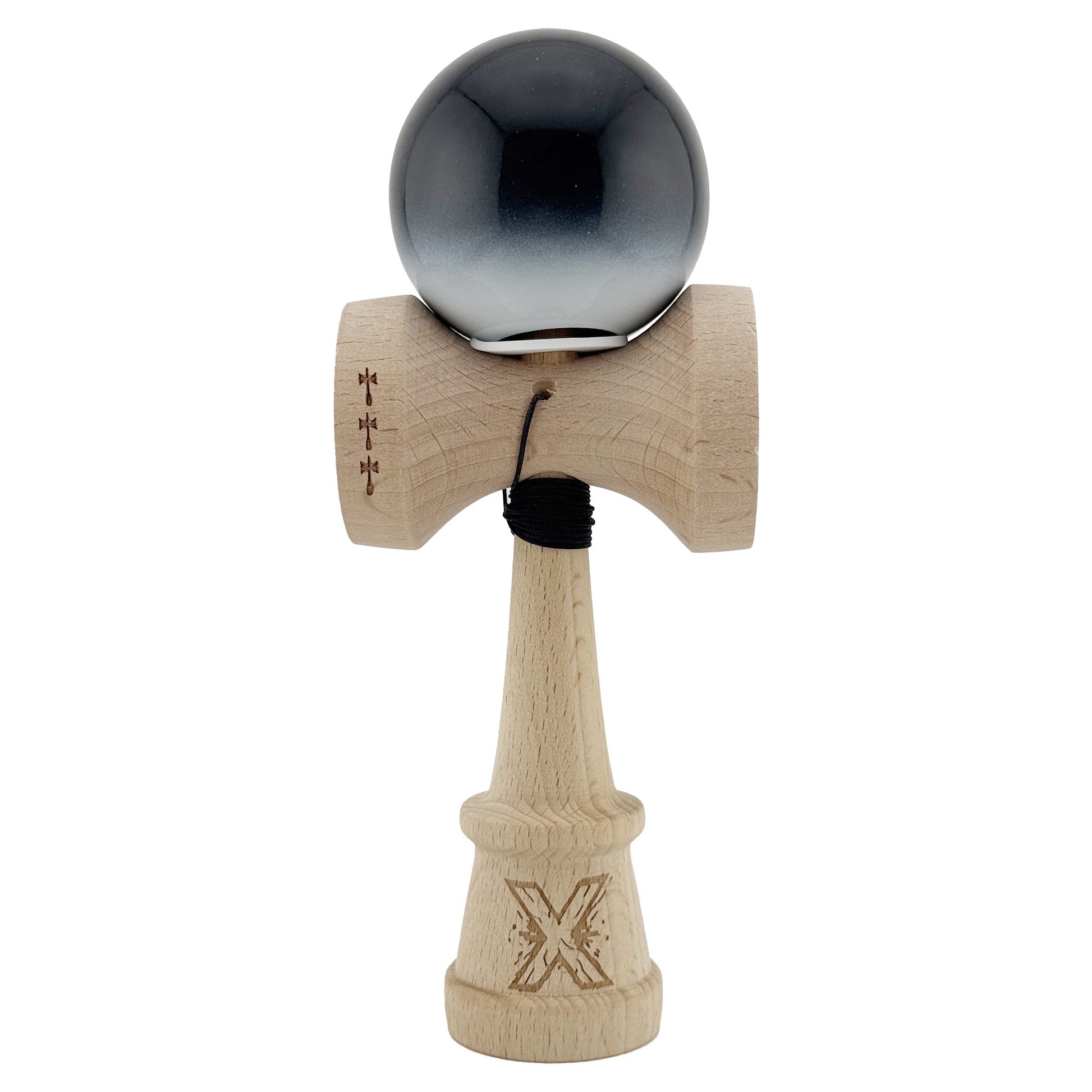 Kendama X Originala, Profesionala, Klevo, Super Sticky cu Cupe Mari KING SIZE V3, Gaura in Baza, Rulment Metalic, din lemn 18 cm, Ata 62/65 cm, Gradient Negru/Alb