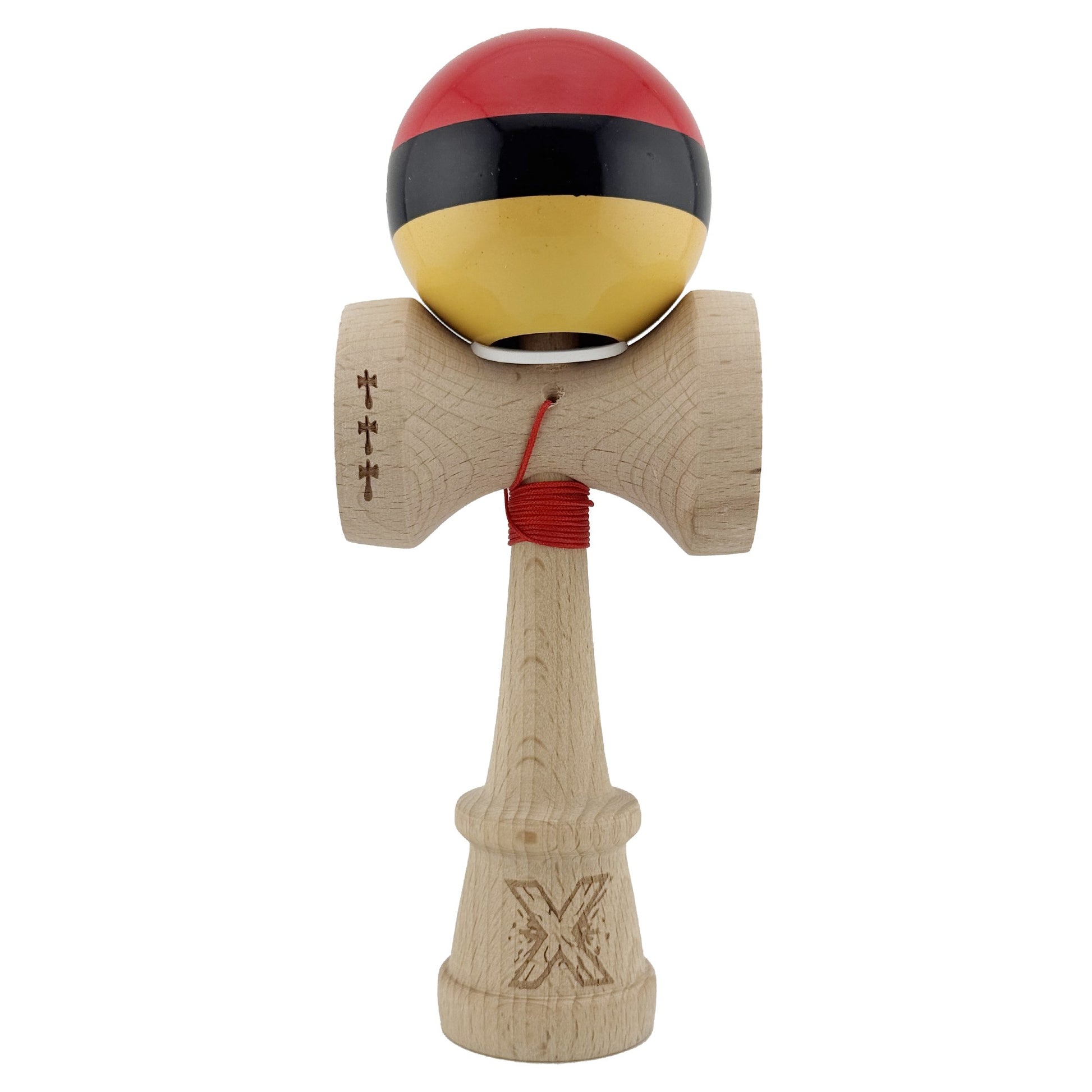 Kendama X Originala, Profesionala, Klevo, Super Sticky cu Cupe Mari KING SIZE V3, Gaura in Baza, Rulment Metalic, din lemn 18 cm, Ata 62/65 cm, Rosu/Negru/Galben