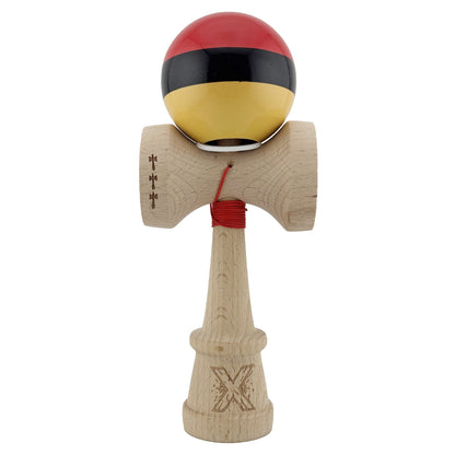Kendama X Originala, Profesionala, Klevo, Super Sticky cu Cupe Mari KING SIZE V3, Gaura in Baza, Rulment Metalic, din lemn 18 cm, Ata 62/65 cm, Rosu/Negru/Galben