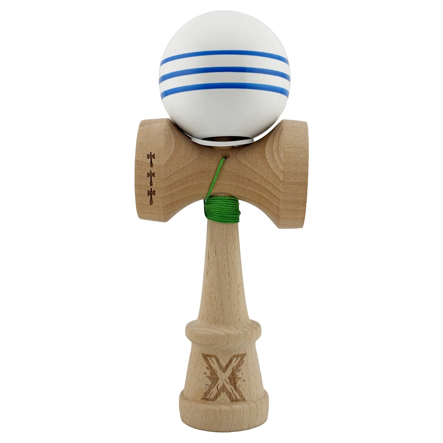 Kendama X Originala, Profesionala, Klevo, Super Sticky cu Cupe Mari KING SIZE V3, Gaura in Baza, Rulment Metalic, din lemn 18 cm, Ata 62/65 cm, Special Alb/Albastru