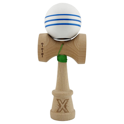 Kendama X Originala, Profesionala, Klevo, Super Sticky cu Cupe Mari KING SIZE V3, Gaura in Baza, Rulment Metalic, din lemn 18 cm, Ata 62/65 cm, Special Alb/Albastru