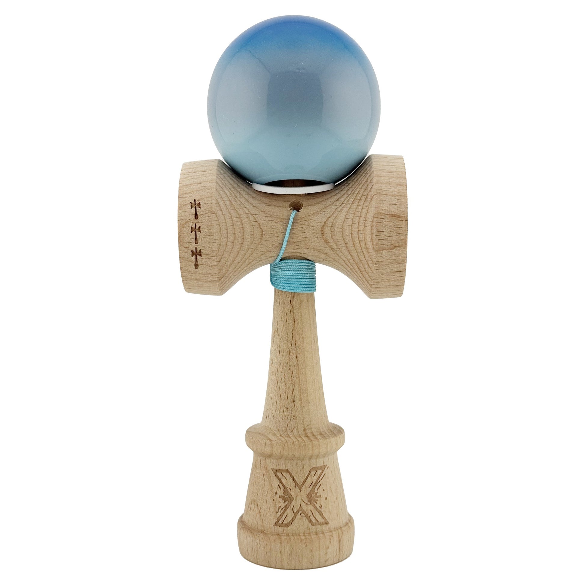 Kendama X Originala, Profesionala, Klevo, Super Sticky cu Cupe Mari KING SIZE V3, Gaura in Baza, Rulment Metalic, din lemn 18 cm, Ata 62/65 cm, Gradient Albastru/Gri/Bleu