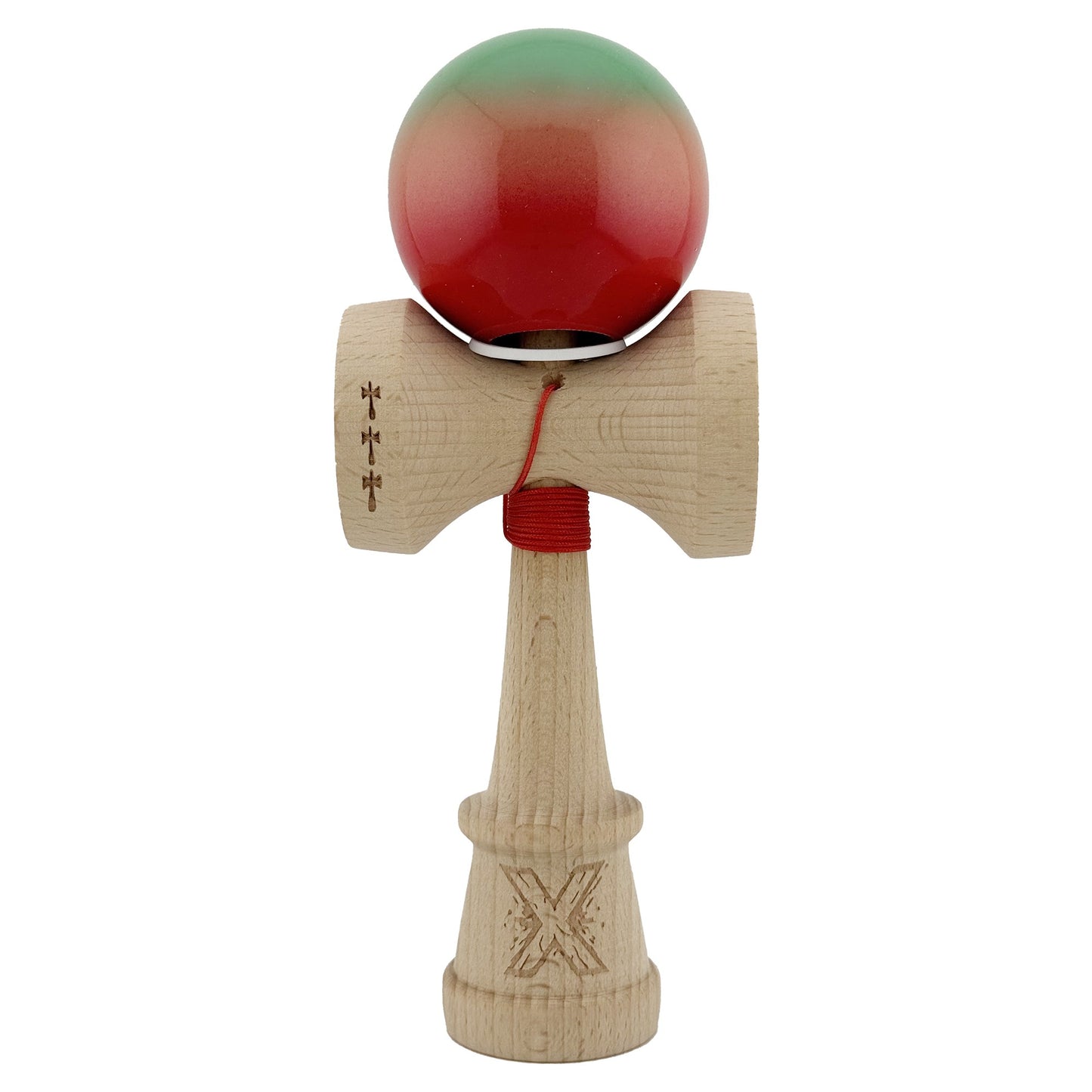 Kendama X Originala, Profesionala, Klevo, Super Sticky cu Cupe Mari KING SIZE V3, Gaura in Baza, Rulment Metalic, din lemn 18 cm, Ata 62/65 cm, Gradient Verde/Portocaliu/Rosu