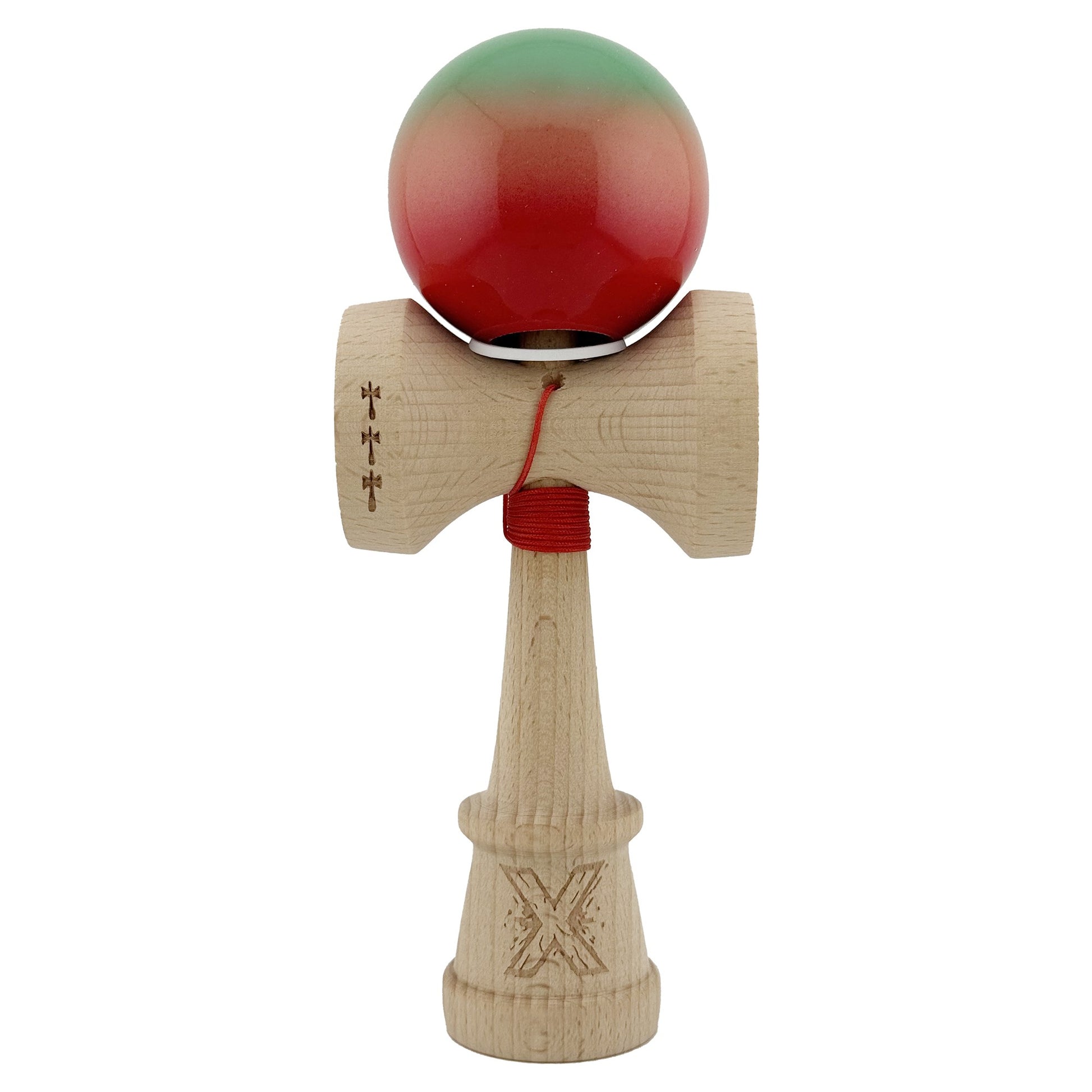 Kendama X Originala, Profesionala, Klevo, Super Sticky cu Cupe Mari KING SIZE V3, Gaura in Baza, Rulment Metalic, din lemn 18 cm, Ata 62/65 cm, Gradient Verde/Portocaliu/Rosu