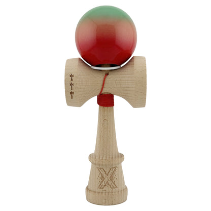 Kendama X Originala, Profesionala, Klevo, Super Sticky cu Cupe Mari KING SIZE V3, Gaura in Baza, Rulment Metalic, din lemn 18 cm, Ata 62/65 cm, Gradient Verde/Portocaliu/Rosu