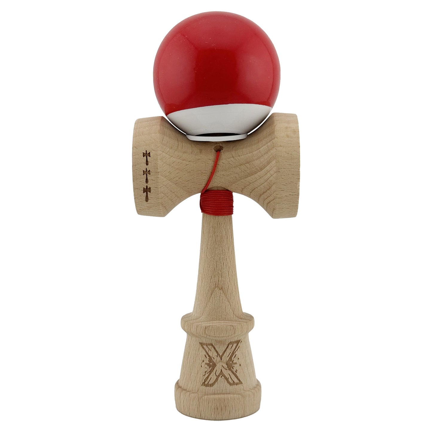 Kendama X Originala, Profesionala, Klevo, Super Sticky cu Cupe Mari KING SIZE V3, Gaura in Baza, Rulment Metalic, din lemn 18 cm, Ata 62/65 cm, Bicolor Rosu/Alb