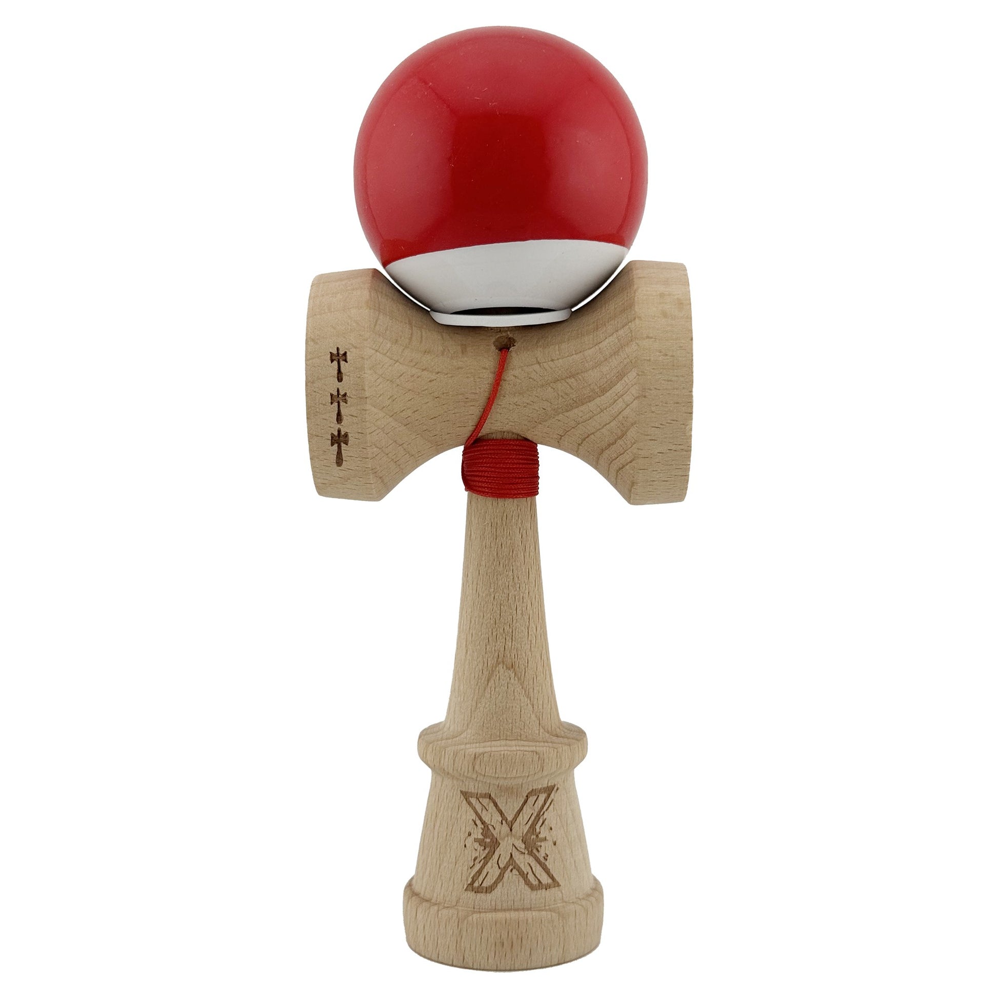 Kendama X Originala, Profesionala, Klevo, Super Sticky cu Cupe Mari KING SIZE V3, Gaura in Baza, Rulment Metalic, din lemn 18 cm, Ata 62/65 cm, Bicolor Rosu/Alb