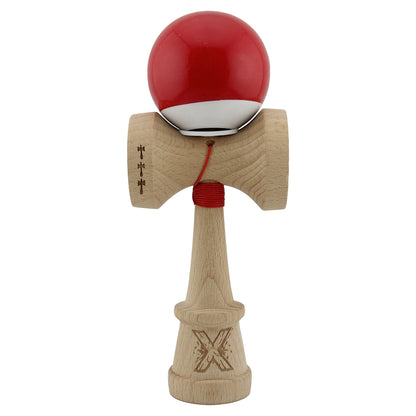 Kendama X Originala, Profesionala, Klevo, Super Sticky cu Cupe Mari KING SIZE V3, Gaura in Baza, Rulment Metalic, din lemn 18 cm, Ata 62/65 cm, Bicolor Rosu/Alb