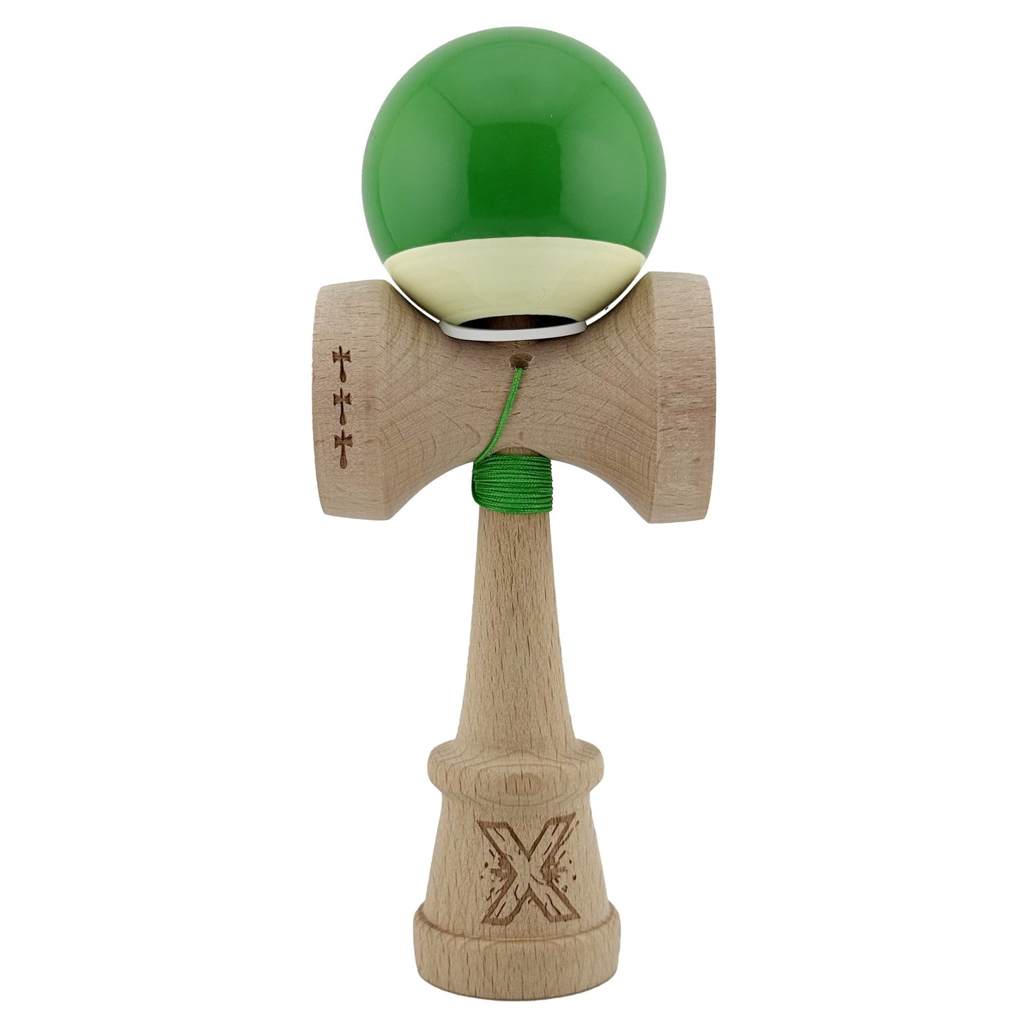 Kendama X Originala, Profesionala, Klevo, Super Sticky cu Cupe Mari KING SIZE V3, Gaura in Baza, Rulment Metalic, din lemn 18 cm, Ata 62/65 cm, Bicolor Verde/Alb