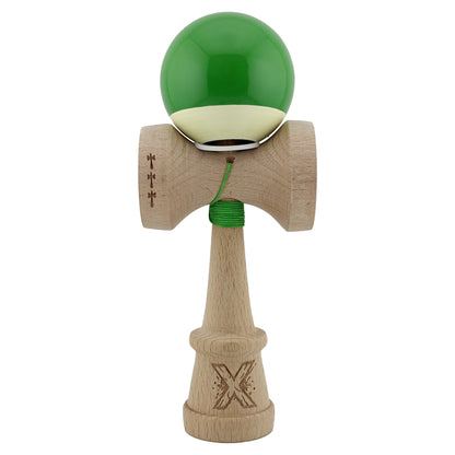 Kendama X Originala, Profesionala, Klevo, Super Sticky cu Cupe Mari KING SIZE V3, Gaura in Baza, Rulment Metalic, din lemn 18 cm, Ata 62/65 cm, Bicolor Verde/Alb