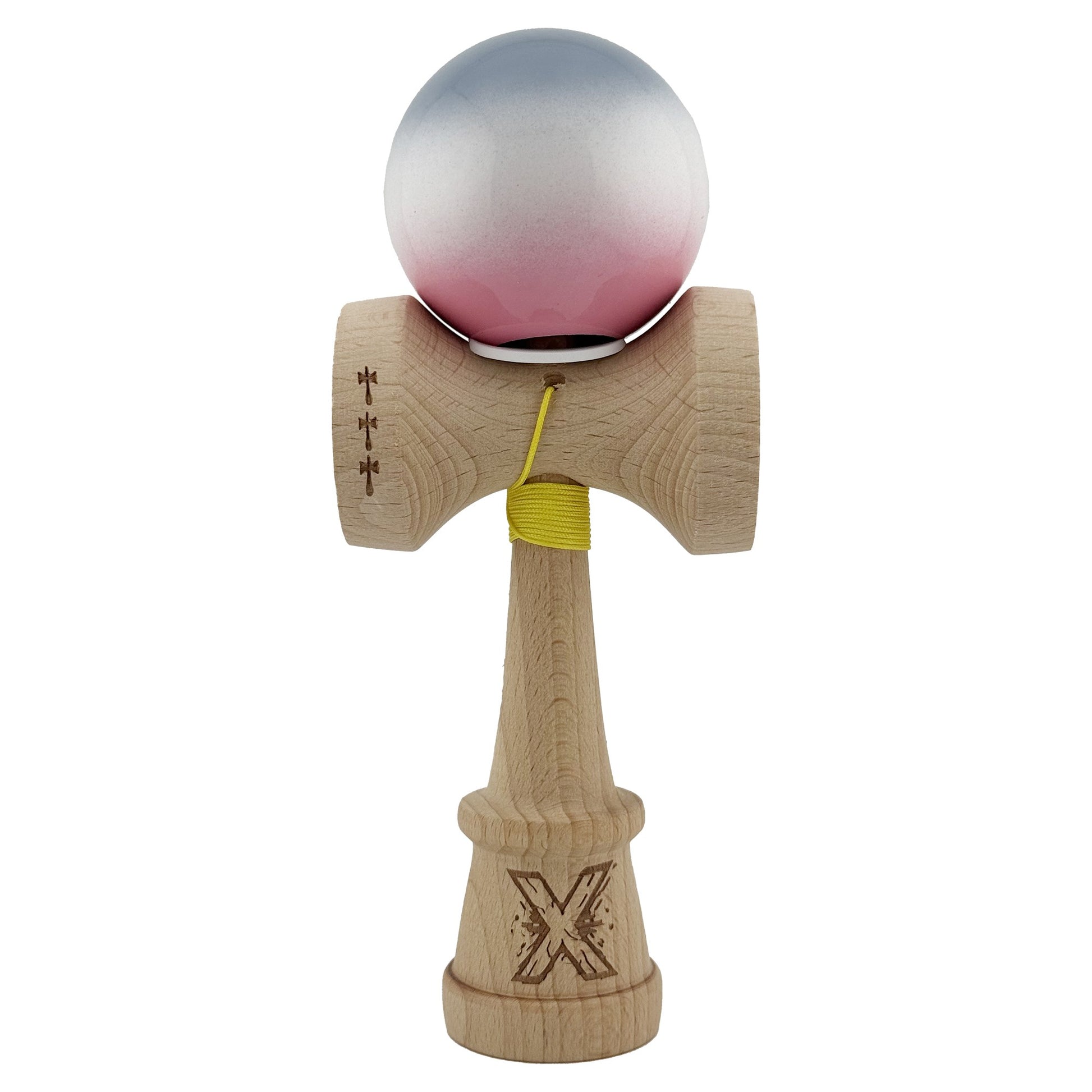 Kendama X Originala, Profesionala, Klevo, Super Sticky cu Cupe Mari KING SIZE V3, Gaura in Baza, Rulment Metalic, din lemn 18 cm, Ata 62/65 cm, Gradient Gri/Alb/Roz