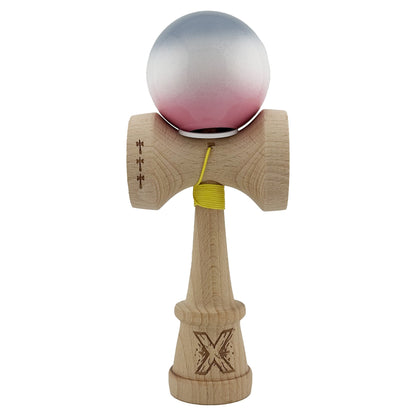 Kendama X Originala, Profesionala, Klevo, Super Sticky cu Cupe Mari KING SIZE V3, Gaura in Baza, Rulment Metalic, din lemn 18 cm, Ata 62/65 cm, Gradient Gri/Alb/Roz