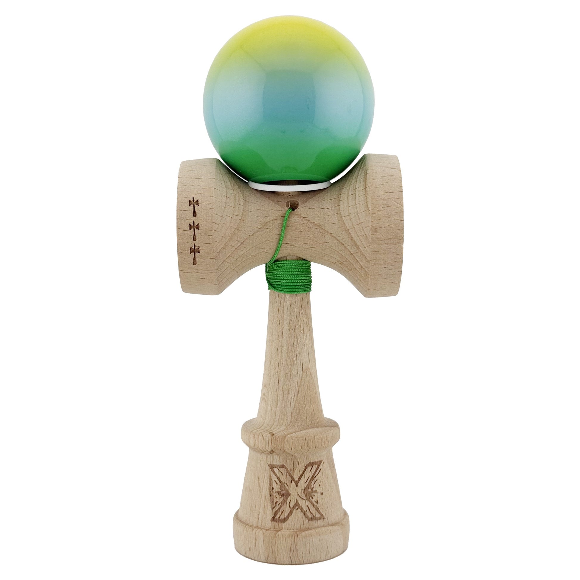 Kendama X Originala, Profesionala, Klevo, Super Sticky cu Cupe Mari KING SIZE V3, Gaura in Baza, Rulment Metalic, din lemn 18 cm, Ata 62/65 cm, Gradient Galben/Albastru/Verde