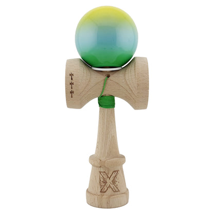 Kendama X Originala, Profesionala, Klevo, Super Sticky cu Cupe Mari KING SIZE V3, Gaura in Baza, Rulment Metalic, din lemn 18 cm, Ata 62/65 cm, Gradient Galben/Albastru/Verde