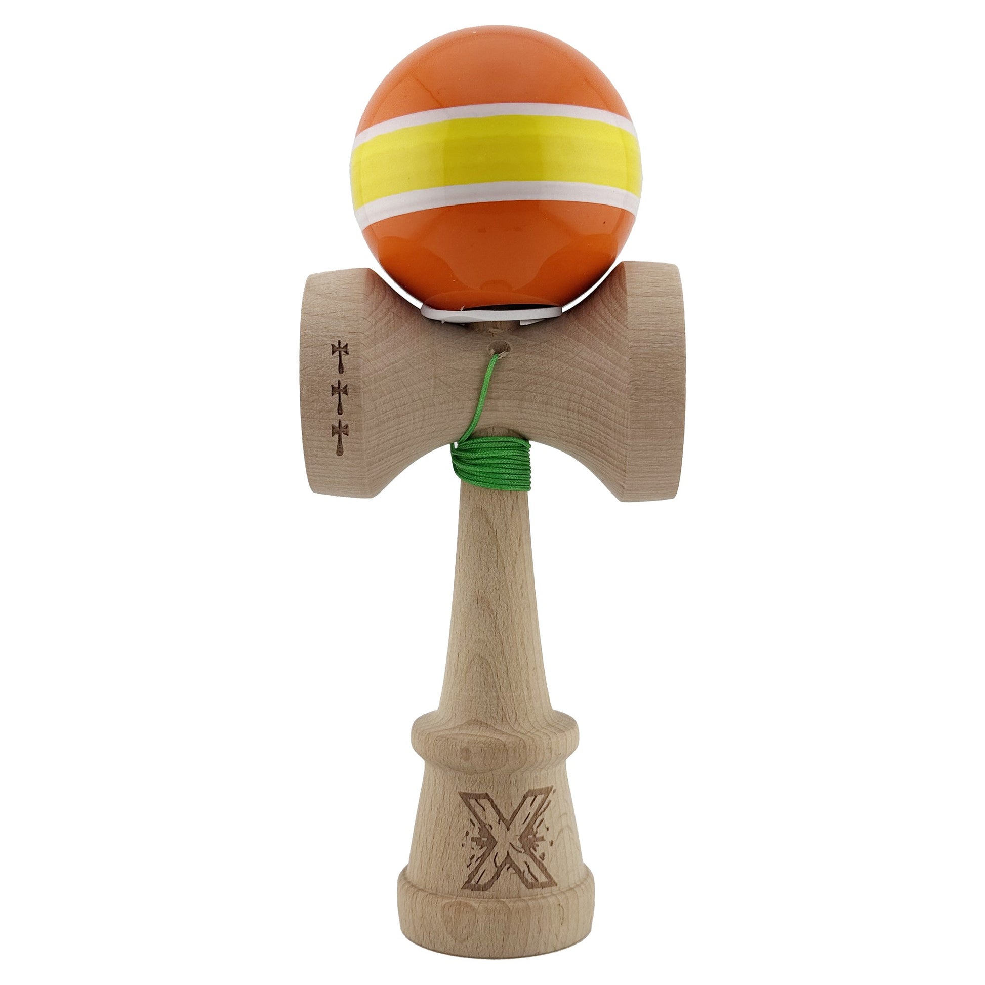 Kendama X Originala, Profesionala, Klevo, Super Sticky cu Cupe Mari KING SIZE V3, Gaura in Baza, Rulment Metalic, din lemn 18 cm, Ata 62/65 cm, Special Portocaliu/Galben