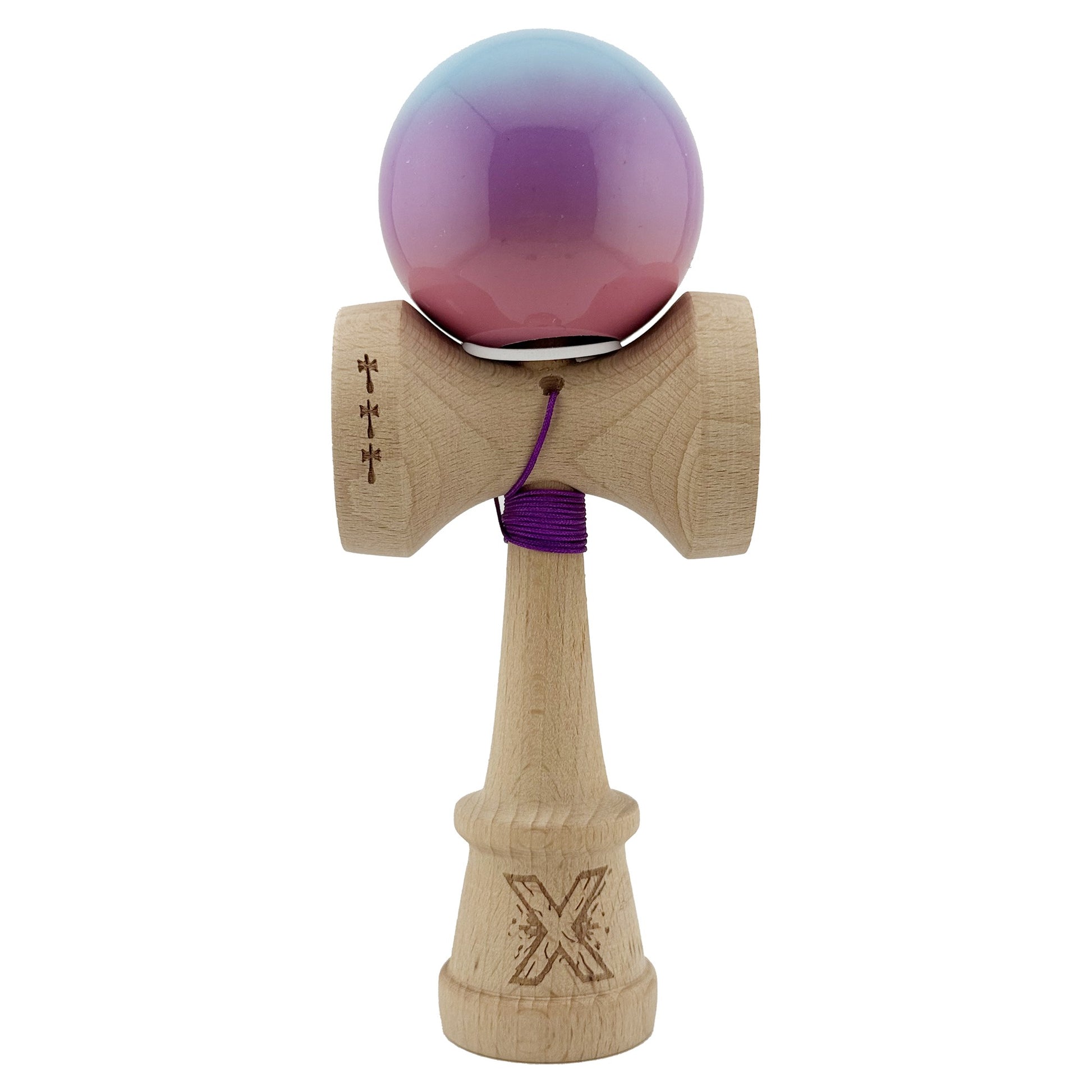 Kendama X Originala, Profesionala, Klevo, Super Sticky cu Cupe Mari KING SIZE V3, Gaura in Baza, Rulment Metalic, din lemn 18 cm, Ata 62/65 cm, Gradient Albastru/Mov/Roz